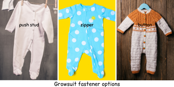 growsuit fastener options: push stud, zipper, button